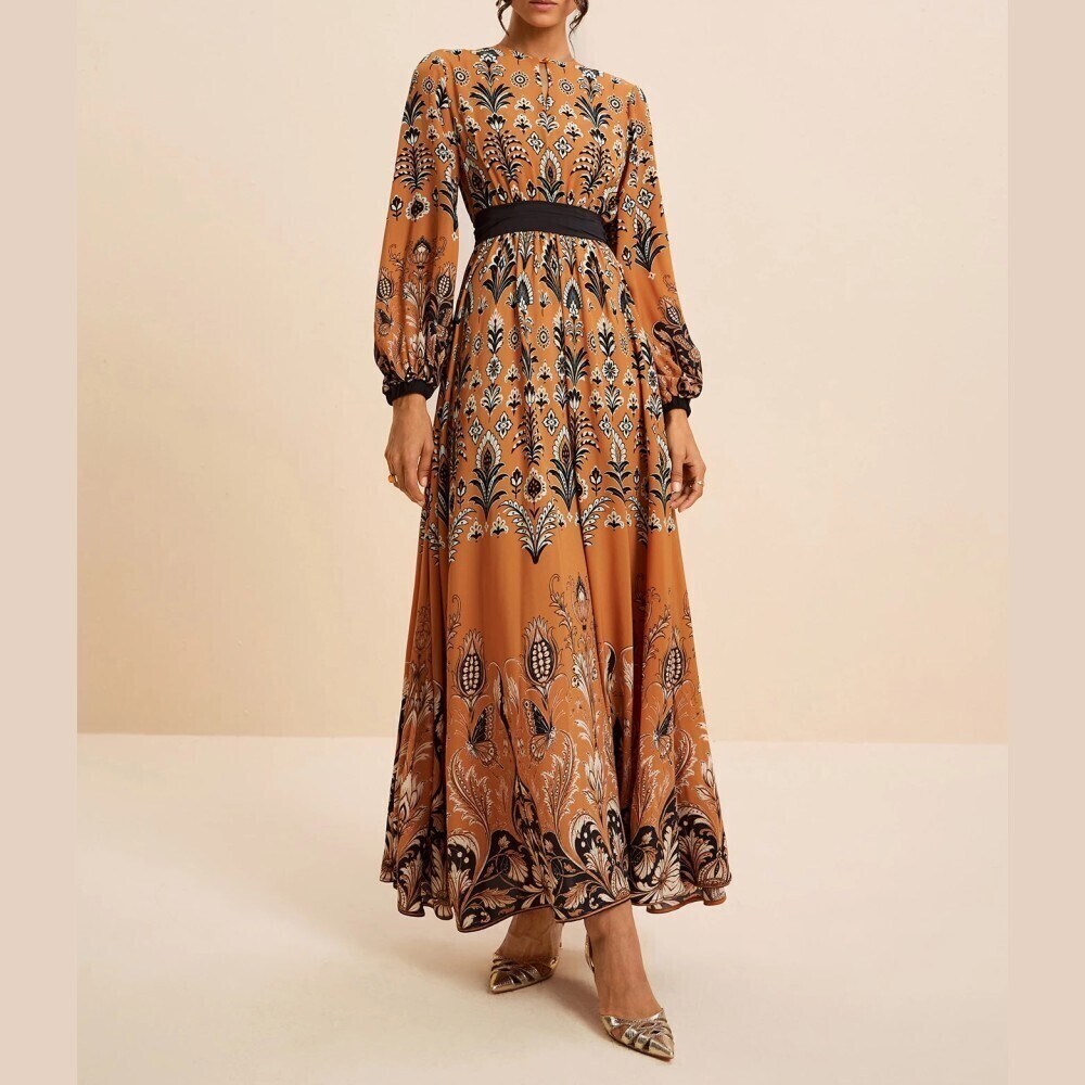 Amber Orange Baroque Floral Print Bishop Sleeve Belted Maxi Dress